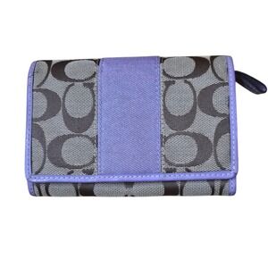 Coach Signature C Logo Tri Fold Wallet Purple Trim Wristlet